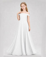 White Chiffon Off-the-Shoulder Junior Bridesmaid Dresses