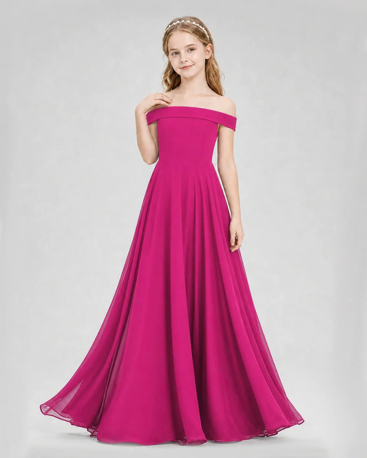 Hot Pink Chiffon Off-the-Shoulder A-Line Junior Bridesmaid Dresses