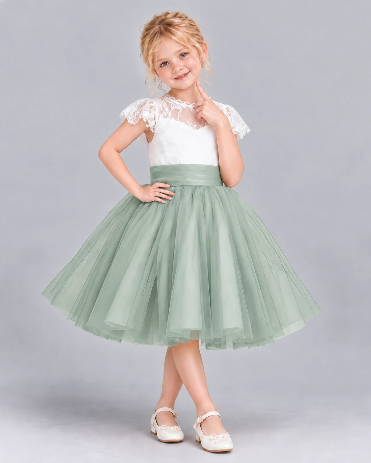 Sage Green Ball Gown Girls Formal Dress Front