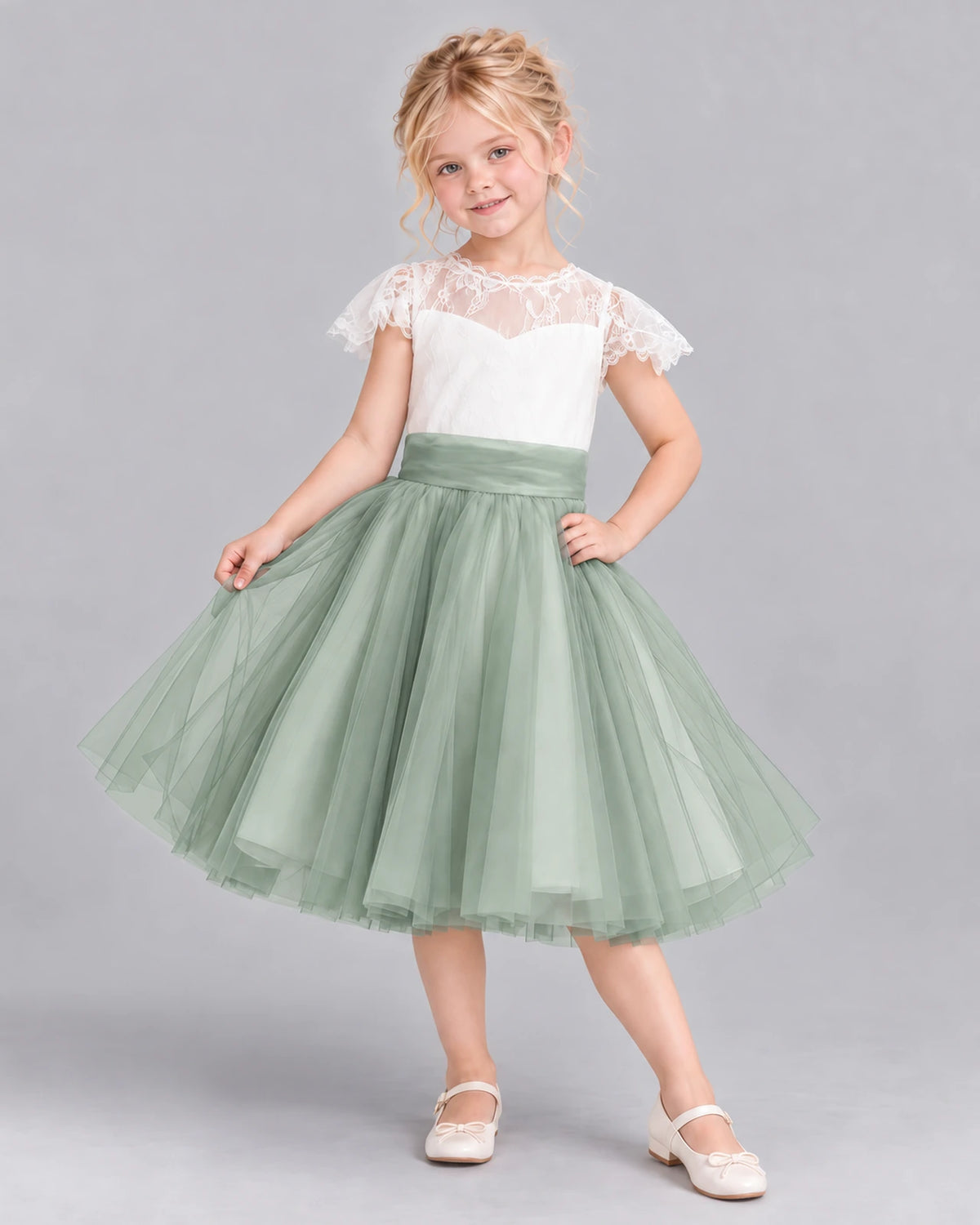 Sage Green Ball Gown Girls Formal Dress Pose [Shared]