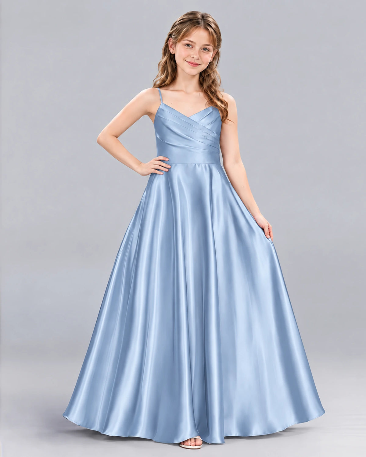 Dusty Blue A-line Junior Bridesmaid Dress Front