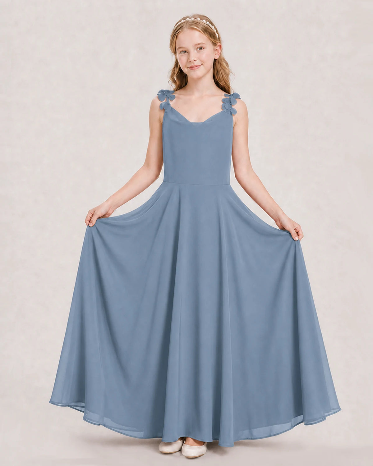 Dusty Blue Ball Gown Junior Bridesmaid Dress Hem