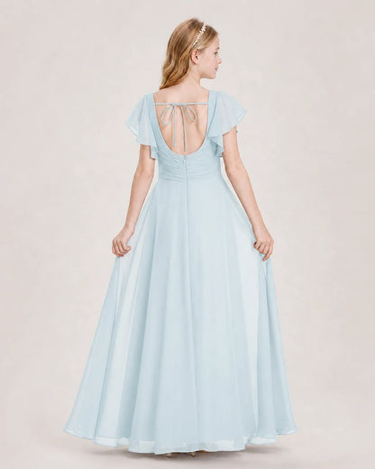 Baby Blue Chiffon A-Line Junior Bridesmaid Dress Back View
