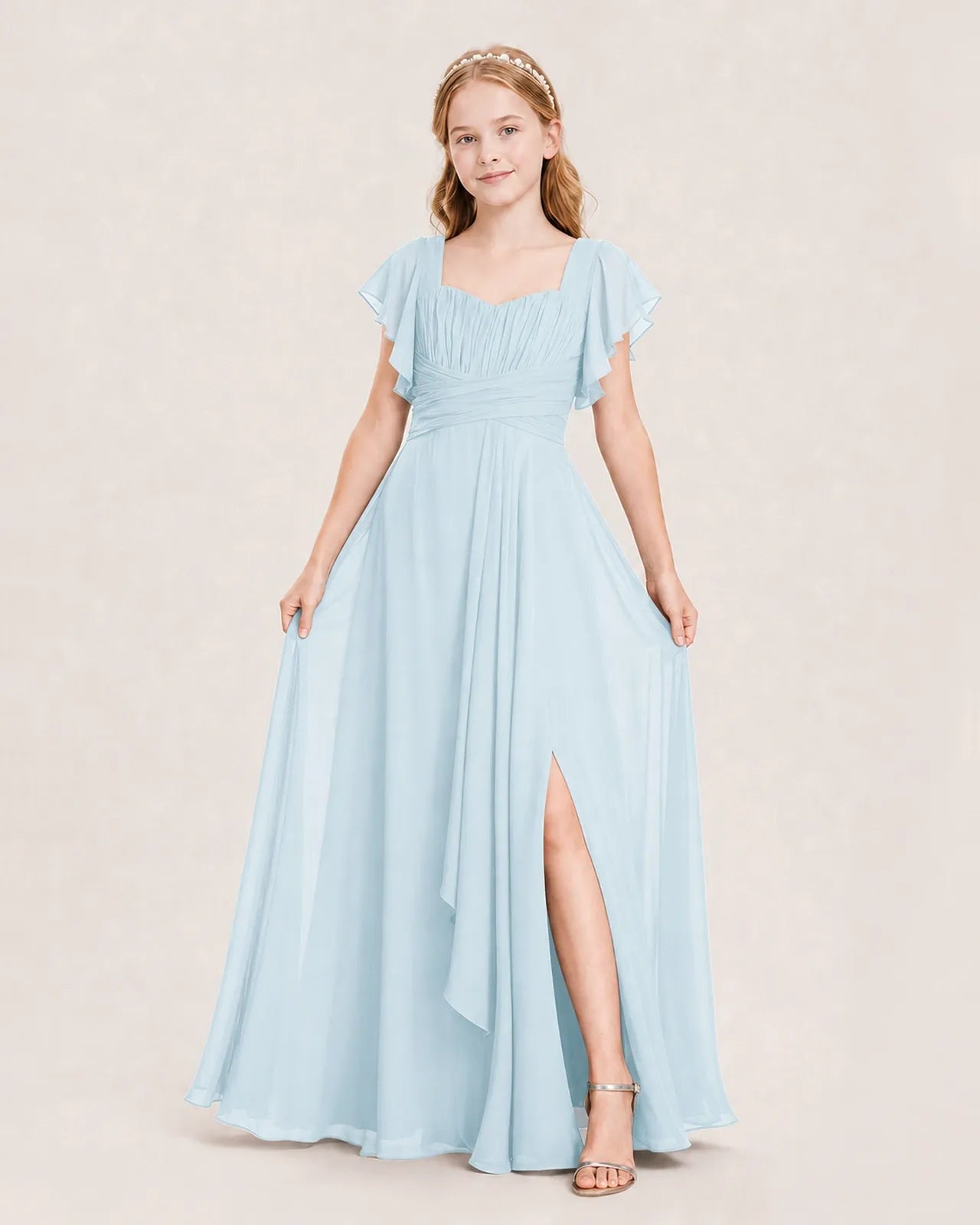 Baby Blue Chiffon A-Line Junior Bridesmaid Dress Front View