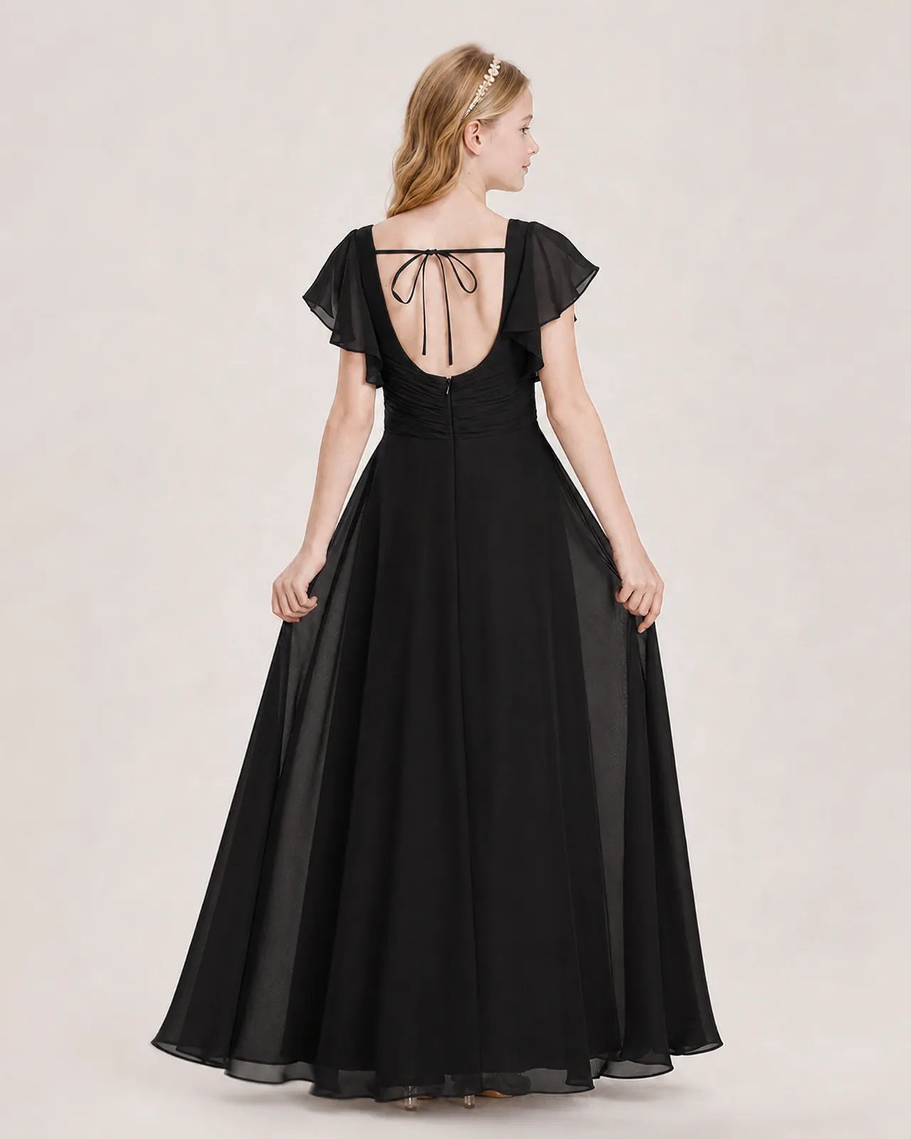 Black Chiffon A-Line Junior Bridesmaid Dress Back View