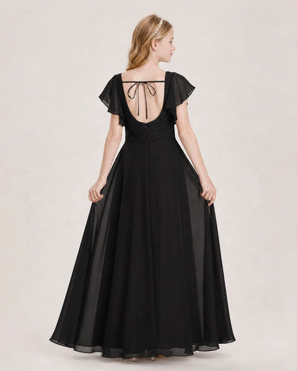 Black Chiffon A-Line Junior Bridesmaid Dress Back View