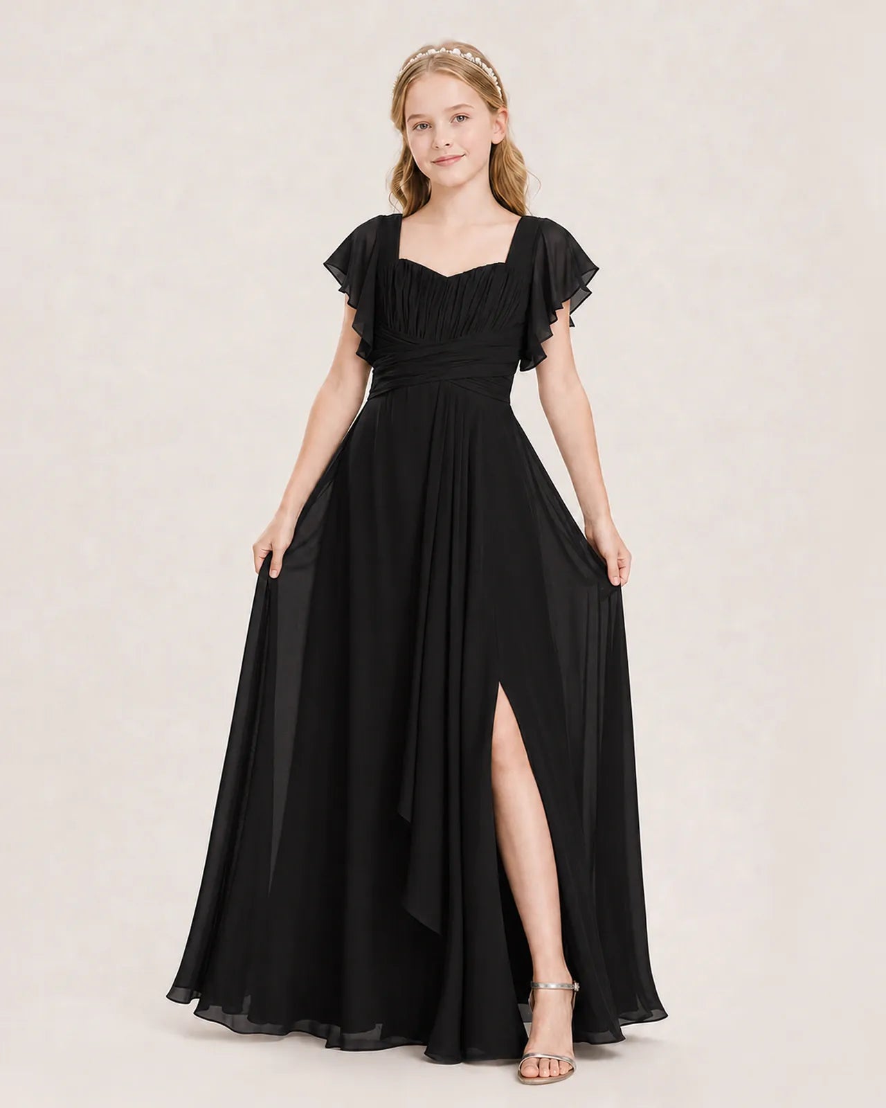 Black Chiffon A-Line Junior Bridesmaid Dress Front View