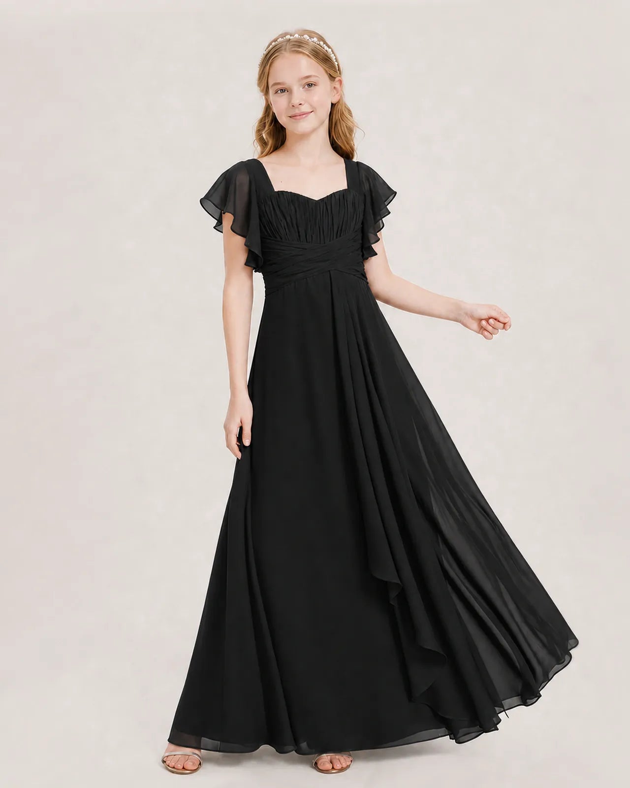 Black Chiffon A-line Junior Bridesmaid Dress Front View