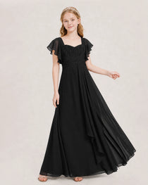 Dideyttawl Junior Bridesmaid Dress Sweetheart Neck Slit Chiffon Floor-Length Gown