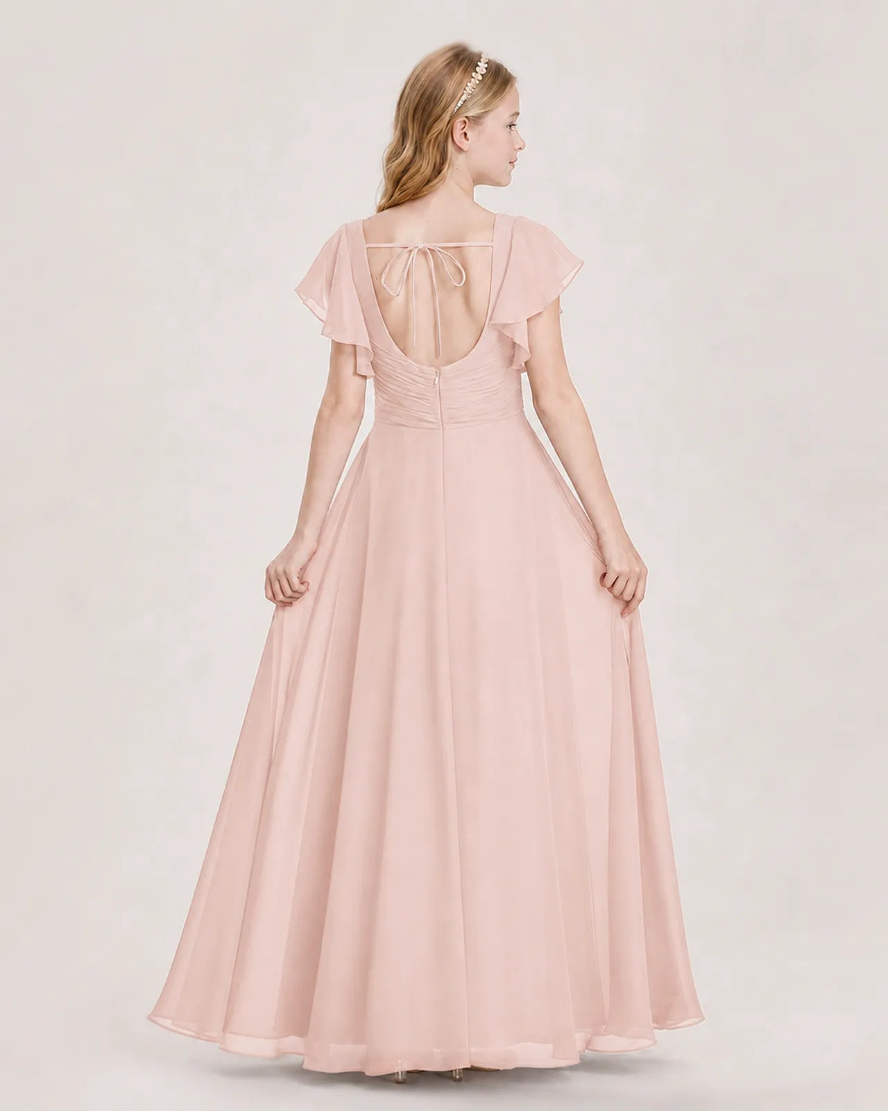 Blush Pink Chiffon A-Line Junior Bridesmaid Dress Back View