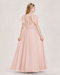 Dideyttawl Junior Bridesmaid Dress Sweetheart Neck Slit Chiffon Floor-Length Gown