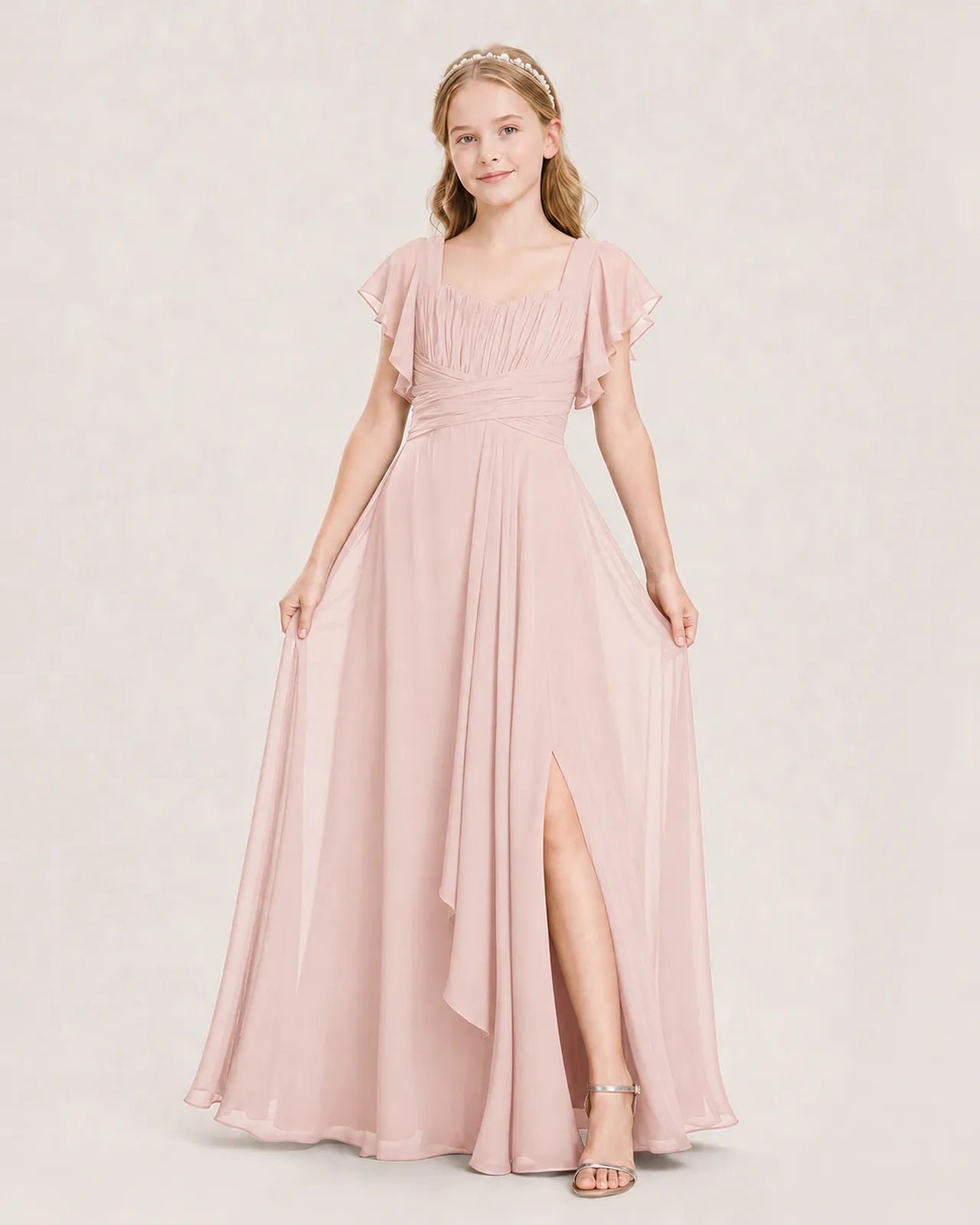 Blush Pink Chiffon A-Line Junior Bridesmaid Dress Front View