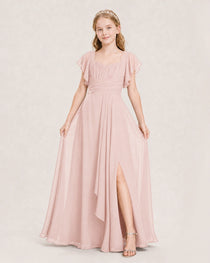 Dideyttawl Junior Bridesmaid Dress Sweetheart Neck Slit Chiffon Floor-Length Gown