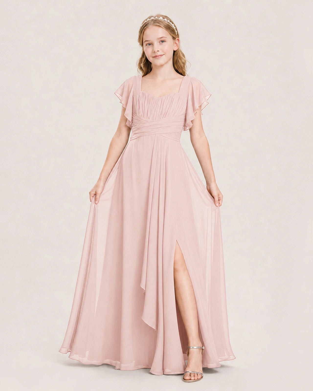 Dideyttawl Junior Bridesmaid Dress Sweetheart Neck Slit Chiffon Floor-Length Gown