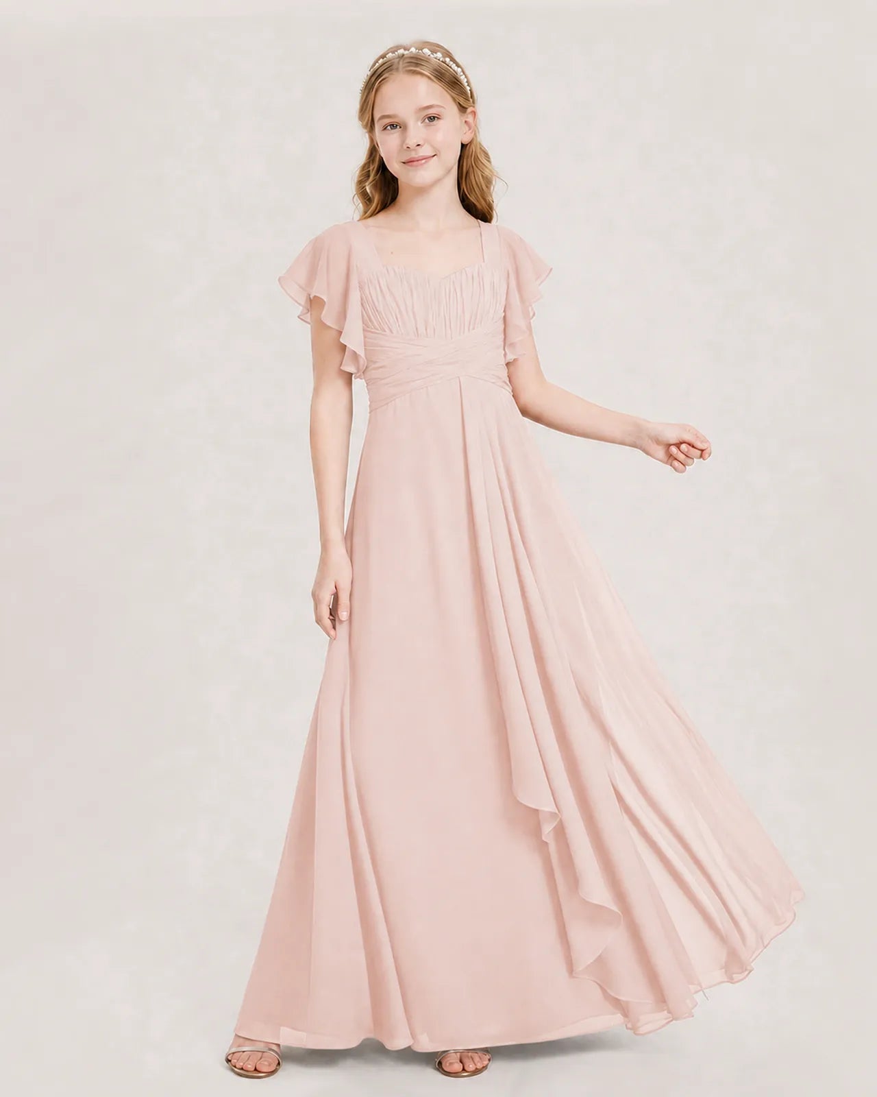 Blush Pink Chiffon A-line Junior Bridesmaid Dress Front View