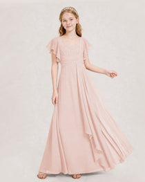 Dideyttawl Junior Bridesmaid Dress Sweetheart Neck Slit Chiffon Floor-Length Gown