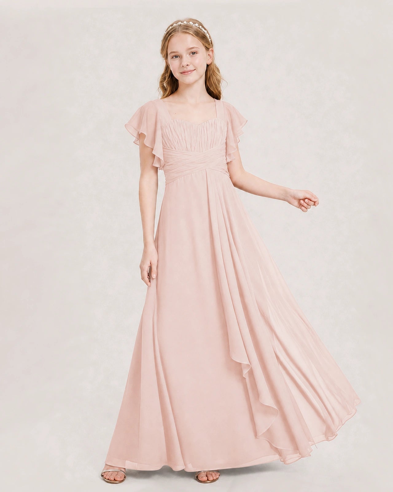Dideyttawl Junior Bridesmaid Dress Sweetheart Neck Slit Chiffon Floor-Length Gown