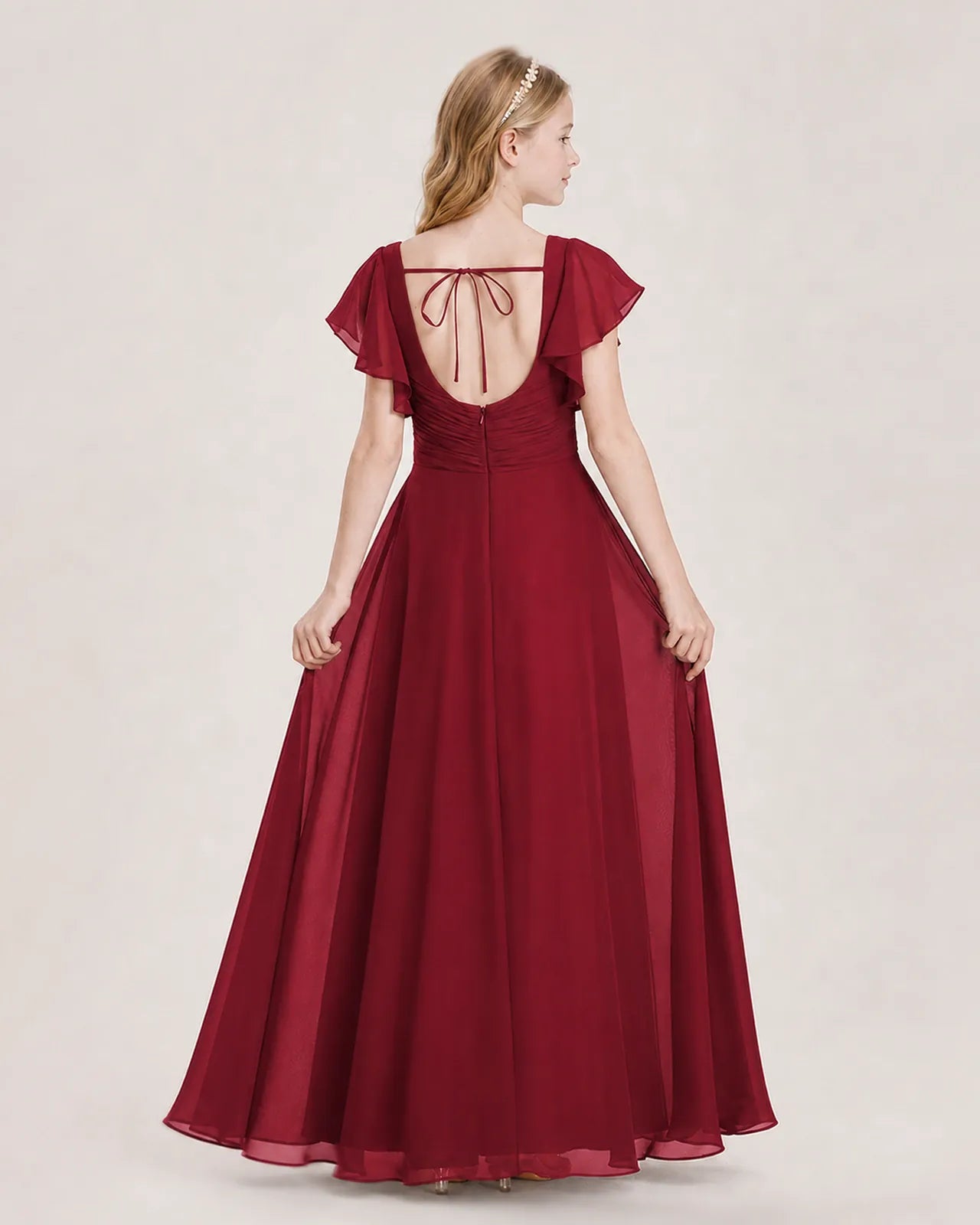 Burgundy Chiffon A-Line Junior Bridesmaid Dress Back View