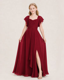 Dideyttawl Junior Bridesmaid Dress Sweetheart Neck Slit Chiffon Floor-Length Gown