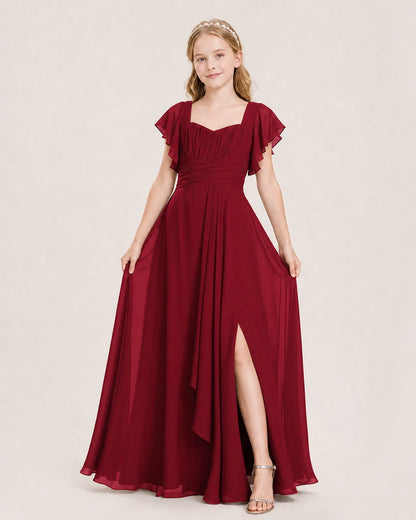 Burgundy Chiffon A-Line Junior Bridesmaid Dress Front View