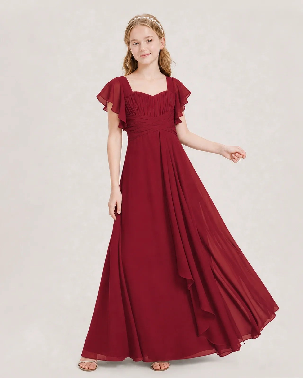 Burgundy Chiffon A-line Junior Bridesmaid Dress Front View