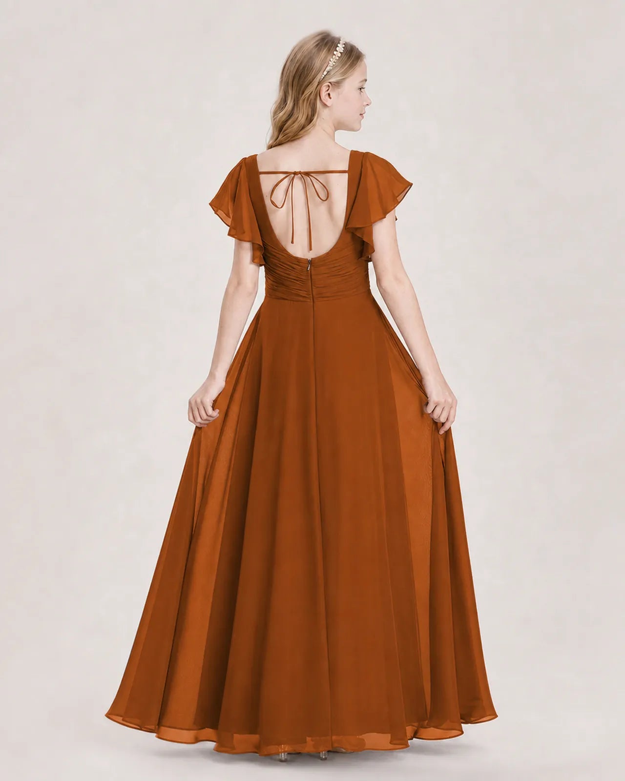 Burnt Orange Chiffon A-Line Junior Bridesmaid Dress Back View