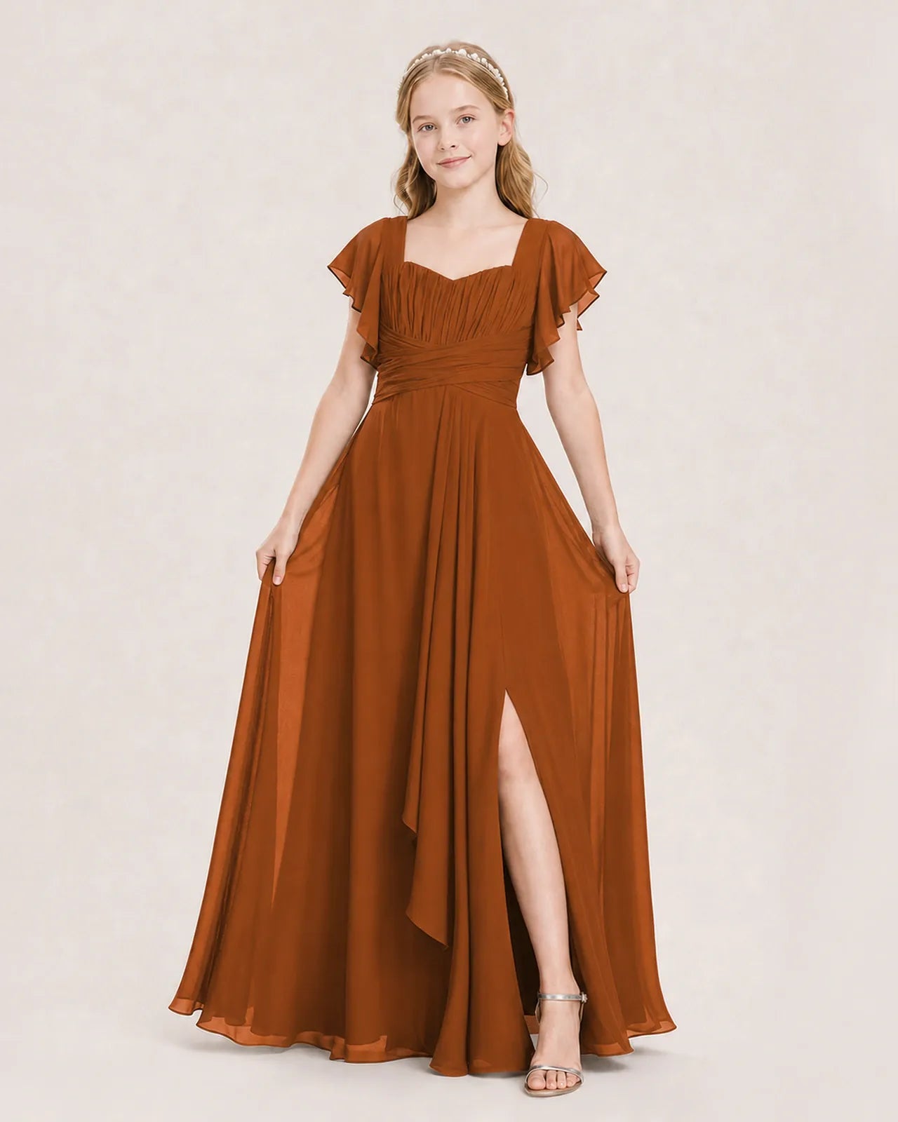 Burnt Orange Chiffon A-Line Junior Bridesmaid Dress Front View