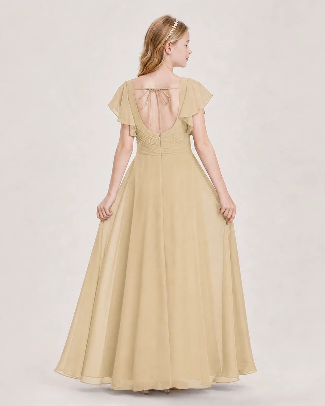 Champagne Chiffon A-Line Junior Bridesmaid Dress Back View