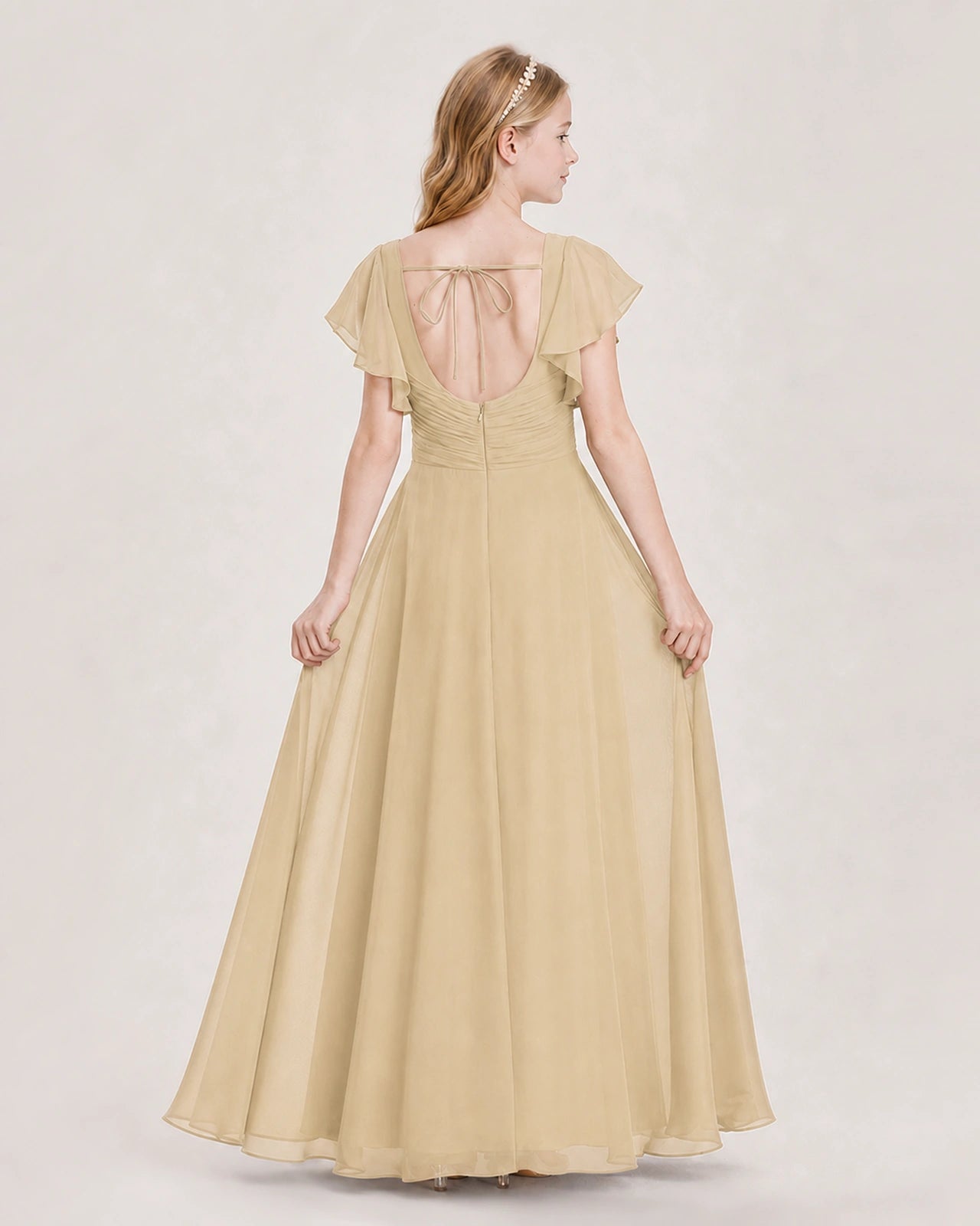 Dideyttawl Junior Bridesmaid Dress Sweetheart Neck Slit Chiffon Floor-Length Gown