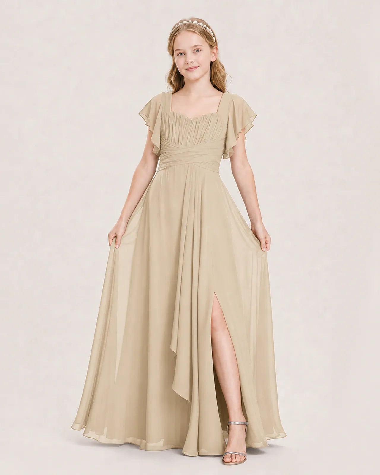 Champagne Chiffon A-Line Junior Bridesmaid Dress Front View