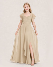 Dideyttawl Junior Bridesmaid Dress Sweetheart Neck Slit Chiffon Floor-Length Gown