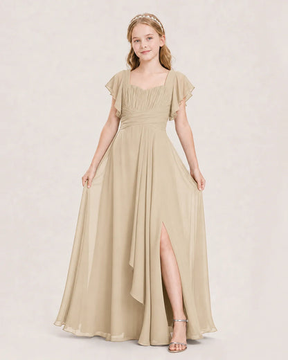 Champagne Chiffon A-Line Junior Bridesmaid Dress Front View