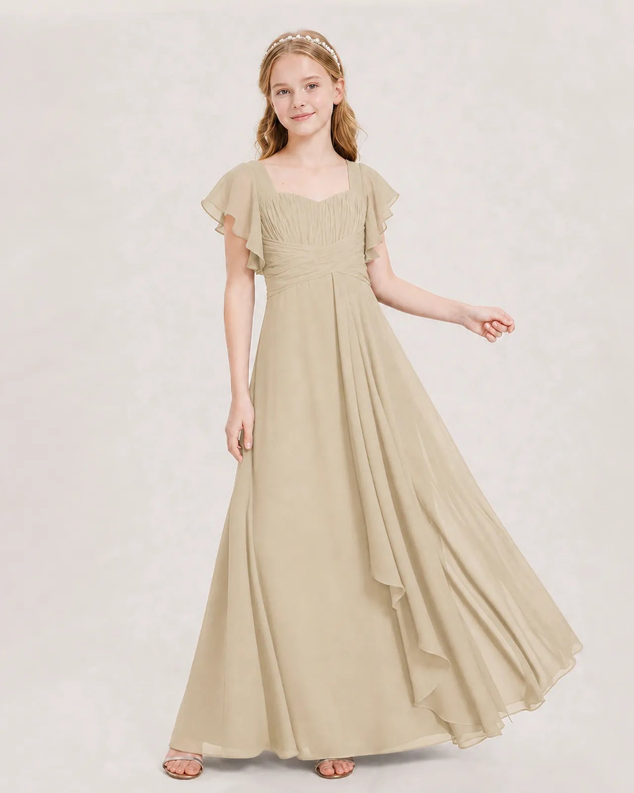 Champagne Chiffon A-line Junior Bridesmaid Dress Front View