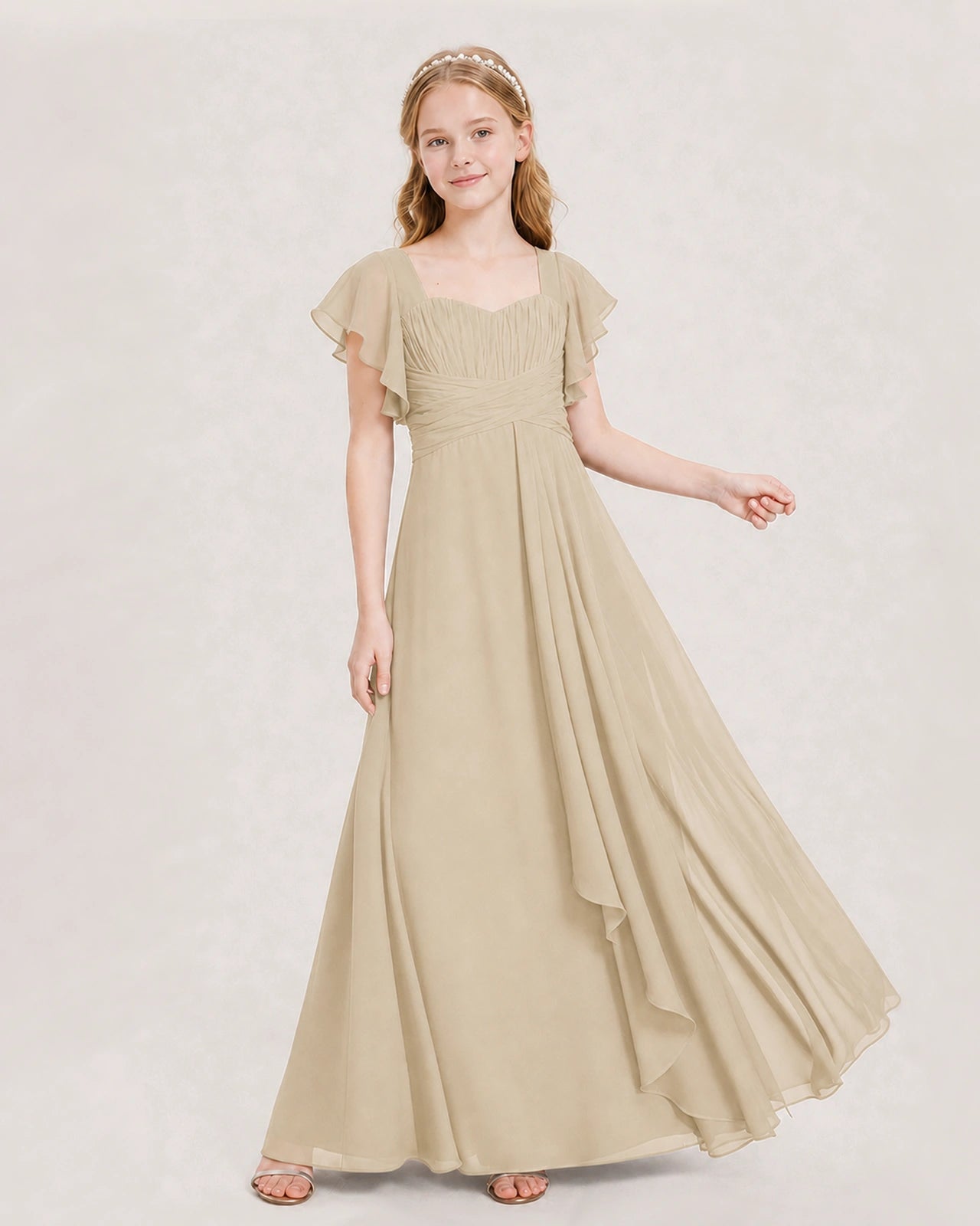 Dideyttawl Junior Bridesmaid Dress Sweetheart Neck Slit Chiffon Floor-Length Gown