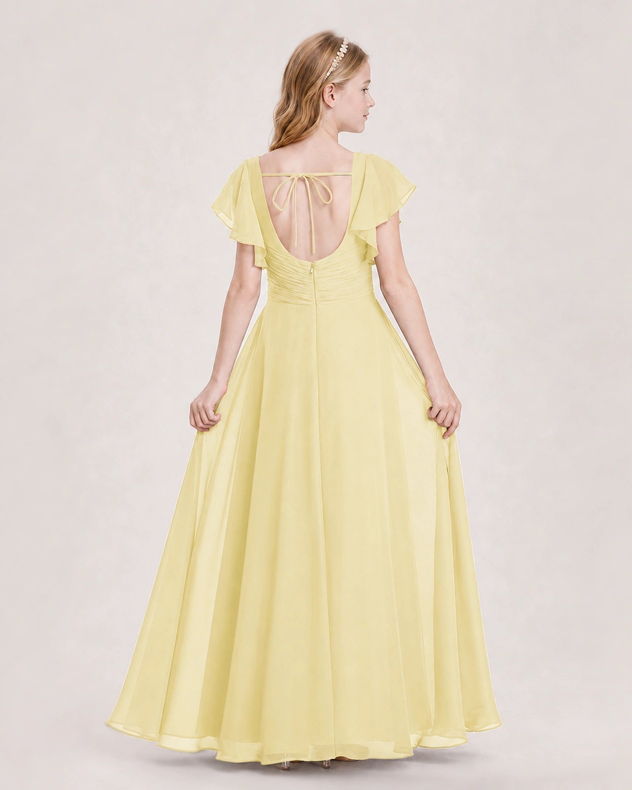 Dideyttawl Junior Bridesmaid Dress Sweetheart Neck Slit Chiffon Floor-Length Gown