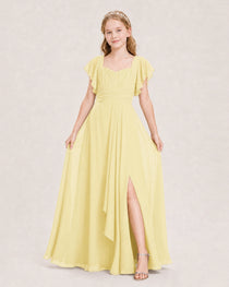 Dideyttawl Junior Bridesmaid Dress Sweetheart Neck Slit Chiffon Floor-Length Gown