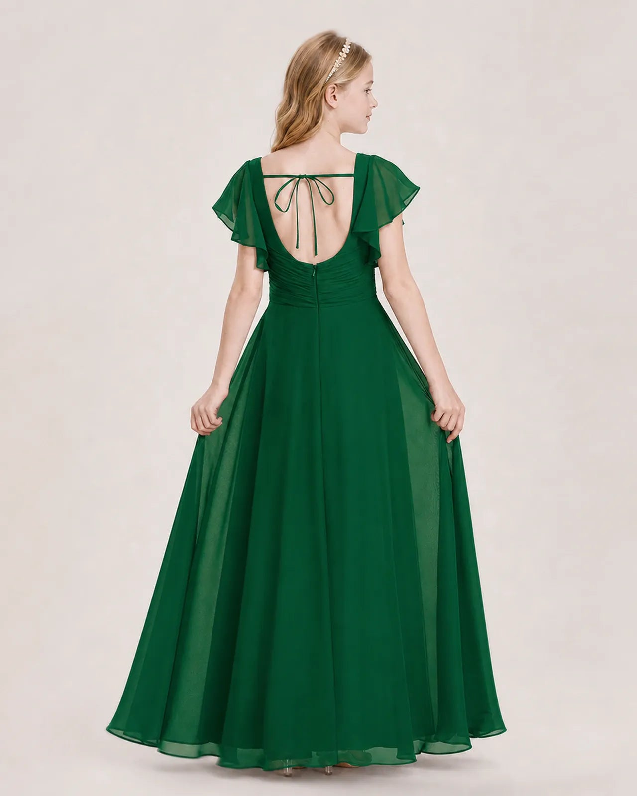 Dark Green Chiffon A-Line Junior Bridesmaid Dress Back View