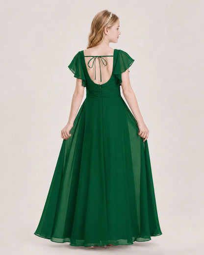 Dark Green Chiffon A-Line Junior Bridesmaid Dress Back View
