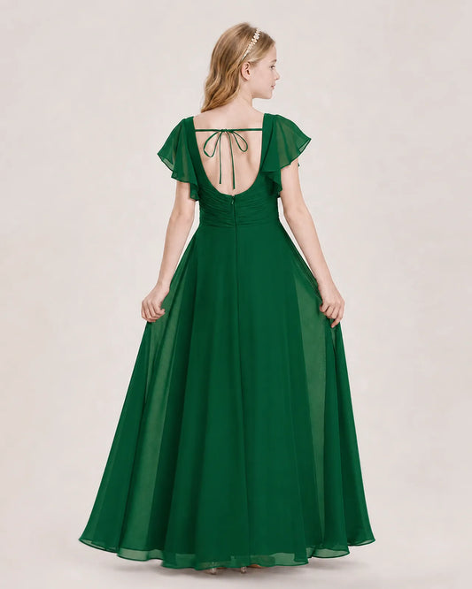 Dark Green Chiffon A-Line Junior Bridesmaid Dress Back View