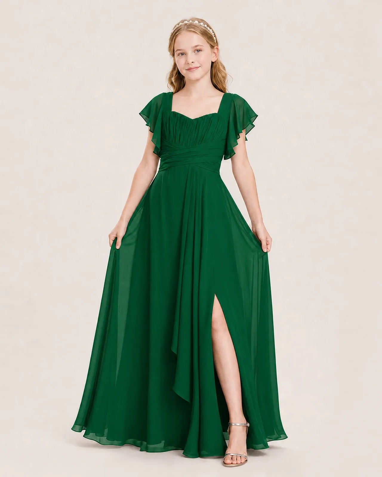 Dark Green Chiffon A-Line Junior Bridesmaid Dress Front View