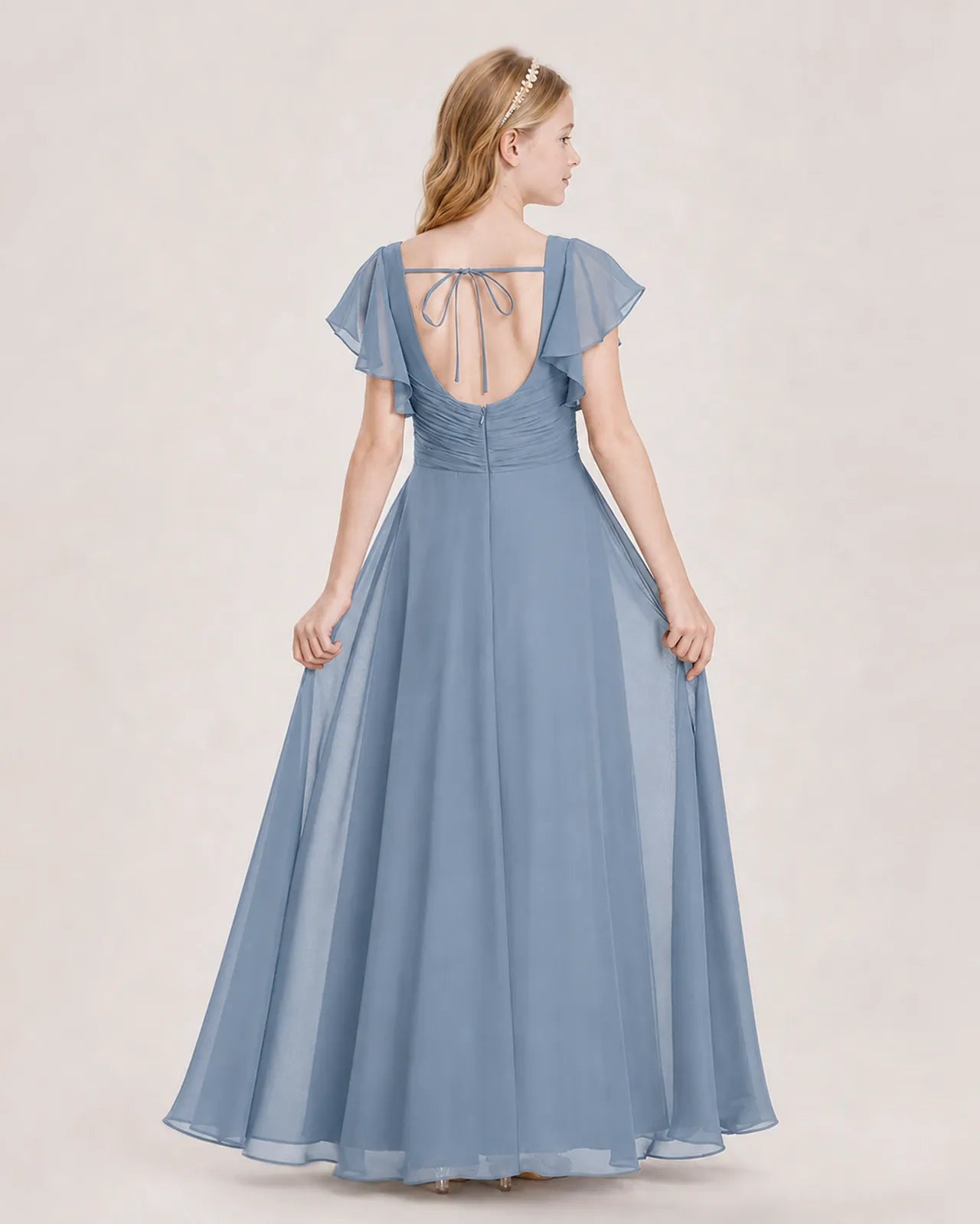 Dusty Blue Chiffon A-Line Junior Bridesmaid Dress Back View