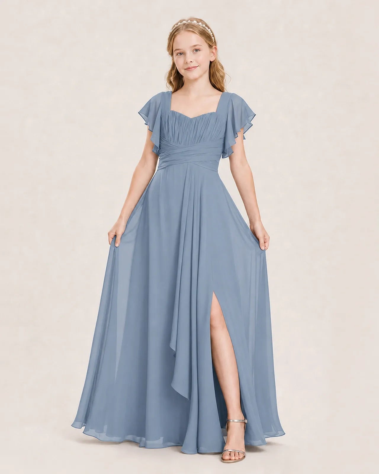 Dusty Blue Chiffon A-Line Junior Bridesmaid Dress Front View