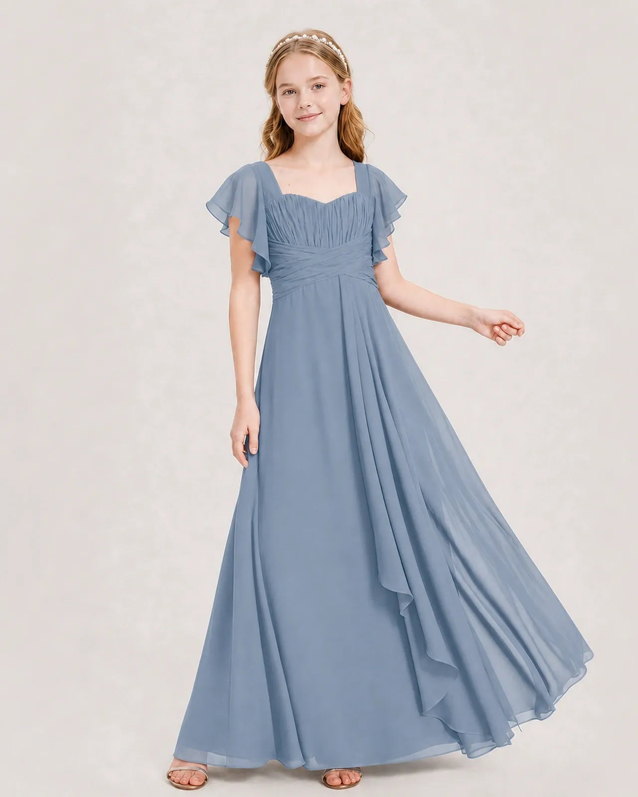 Dusty Blue Chiffon A-line Junior Bridesmaid Dress Front View