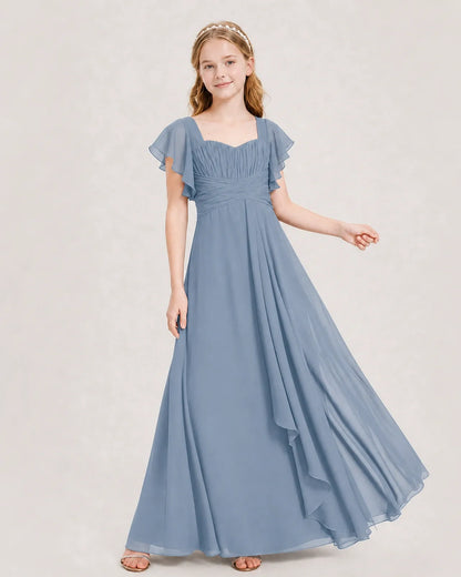 Dusty Blue Chiffon A-line Junior Bridesmaid Dress Front View