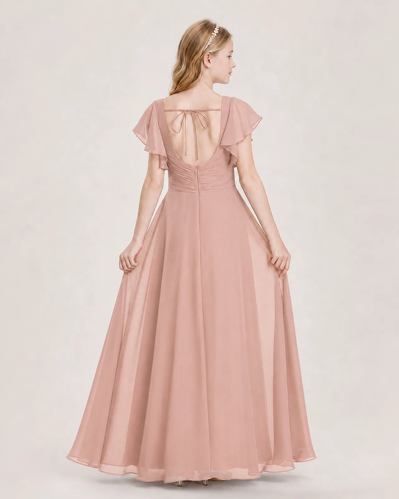 Dusty Rose Chiffon A-Line Junior Bridesmaid Dress Back View