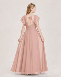 Dideyttawl Junior Bridesmaid Dress Sweetheart Neck Slit Chiffon Floor-Length Gown