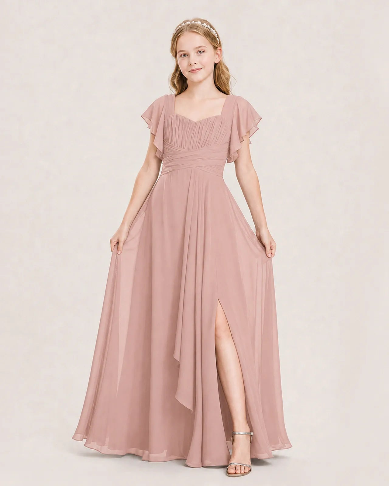 Dusty Rose Chiffon A-Line Junior Bridesmaid Dress Front View