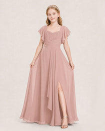 Dideyttawl Junior Bridesmaid Dress Sweetheart Neck Slit Chiffon Floor-Length Gown
