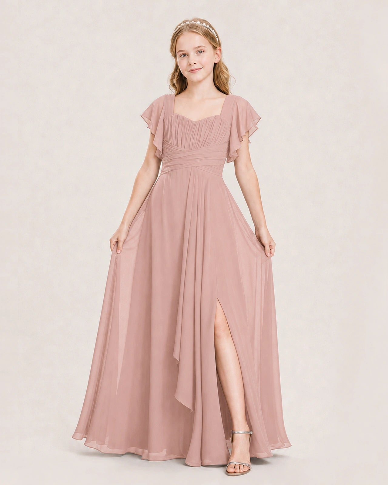 Dideyttawl Junior Bridesmaid Dress Sweetheart Neck Slit Chiffon Floor-Length Gown