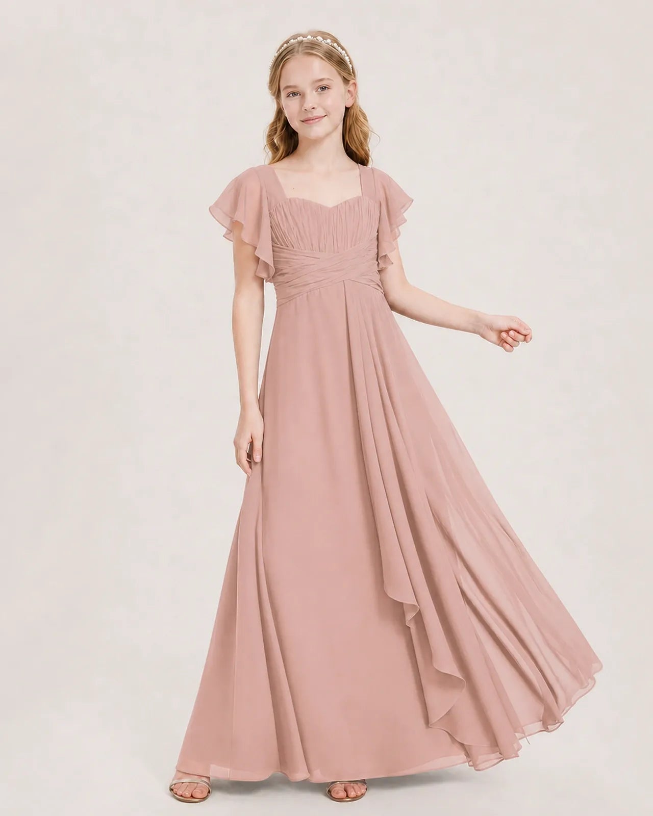 Dusty Rose Chiffon A-line Junior Bridesmaid Dress Front View